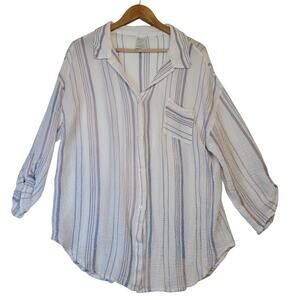 Kana Sol White Blue Stripes Cover Up Button Down Shirt Size Large